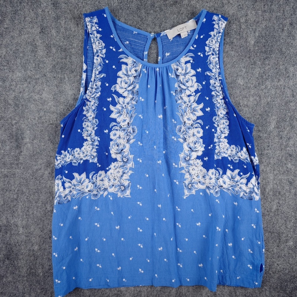 Loft Sleeveless Blouse Top Medium Blue White‎ Floral Keyhole Back Viscose